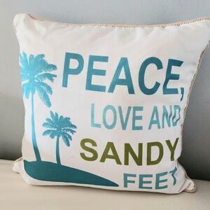 Thro Beach Theme Decor Pillow 20" Square PEACE Love Sandy Feet Down Feathers
